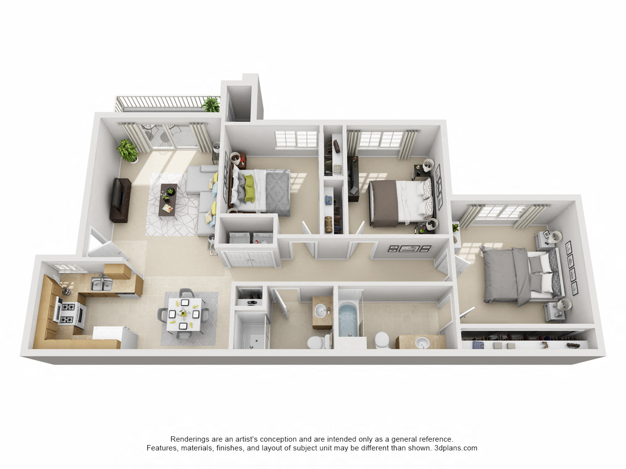 Floor plan for 3 beds, 2 baths, 1231 sqft